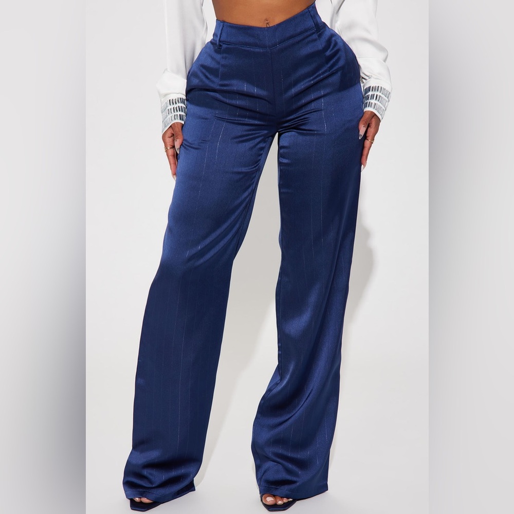 Fashion Nova Karina Navy Satin Pinstripe Wide Leg Trousers NWT M